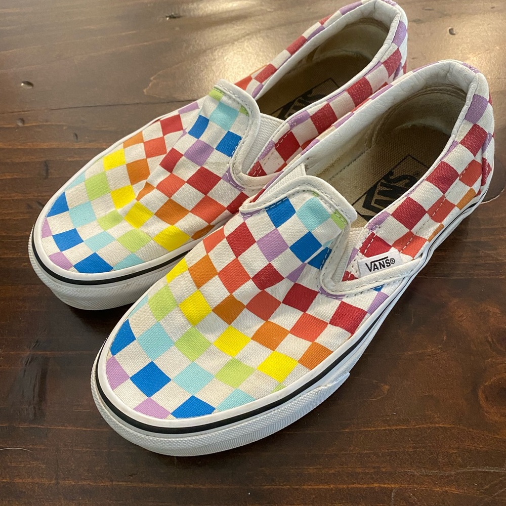 Vans Kids Checkerboard Classic Slip on in Rainbow 5.5